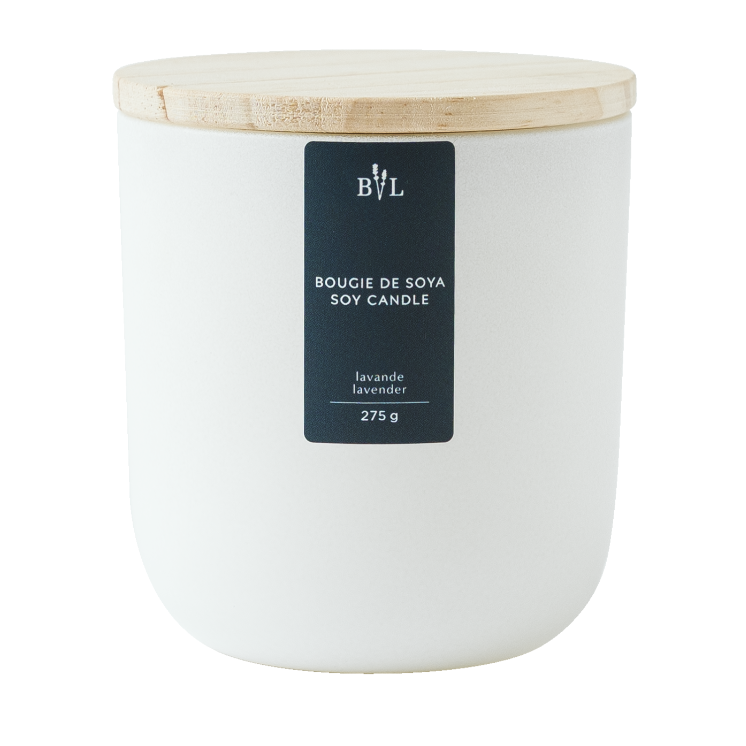 Grande bougie de soya à la lavande dans un contenant en verre blanc mat de 275 g