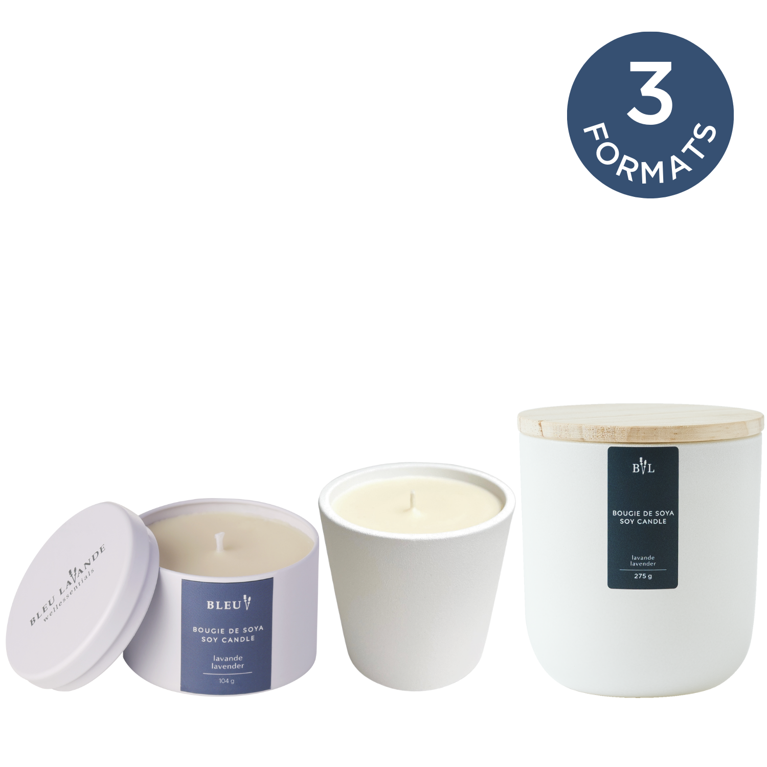 Bougies de soya à la lavande en 3 formats