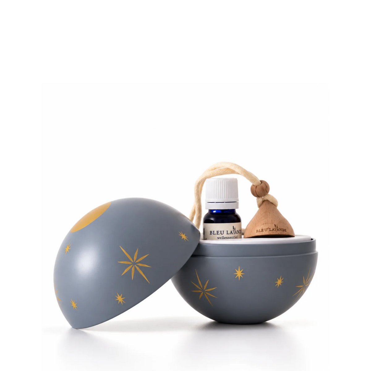 Coffret en forme de boule de Noël Diffusion des fêtes de Bleu Lavande ouvert avec mélange d'huiles essentielles Forêt apaisante et Diffuseur Goutte à l'intérieur