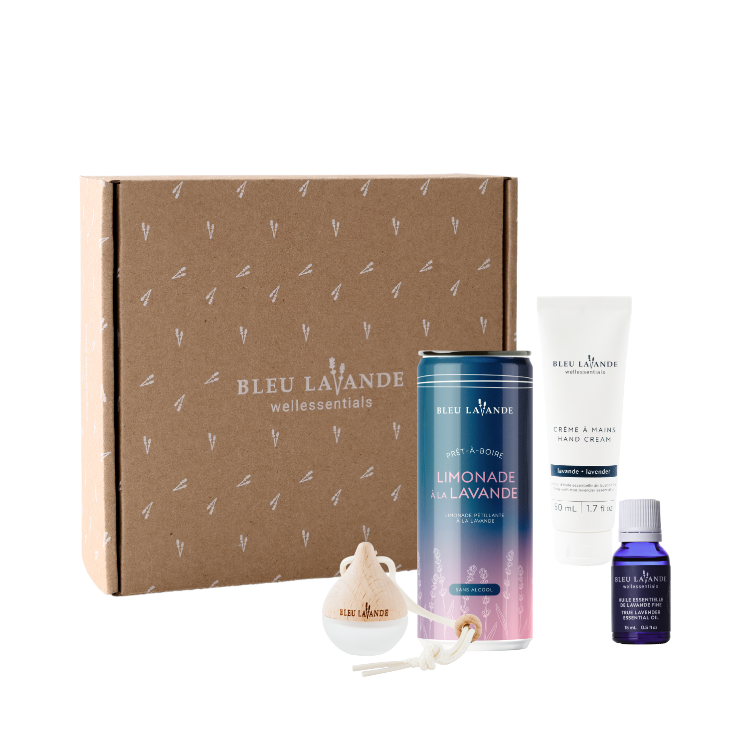 Coffret Sur la route incluant une limonade pétillante, une crème à mains lavande 50 ml, une huile essentielle de Lavandula Angustifolia et un mini diffuseur pour l'auto