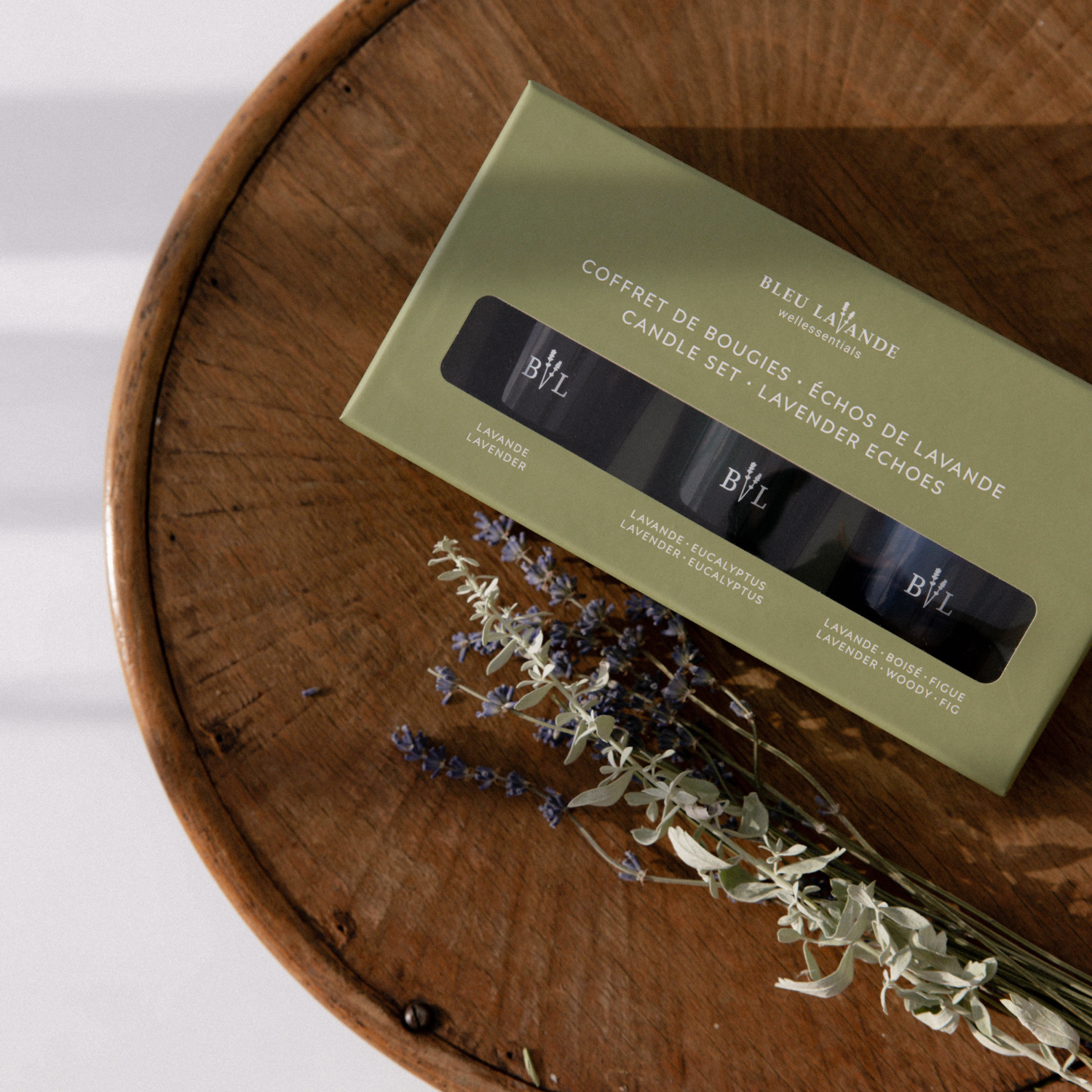 Trio de bougies lavande, lavande-eucalyptus et lavande-boisé-figue