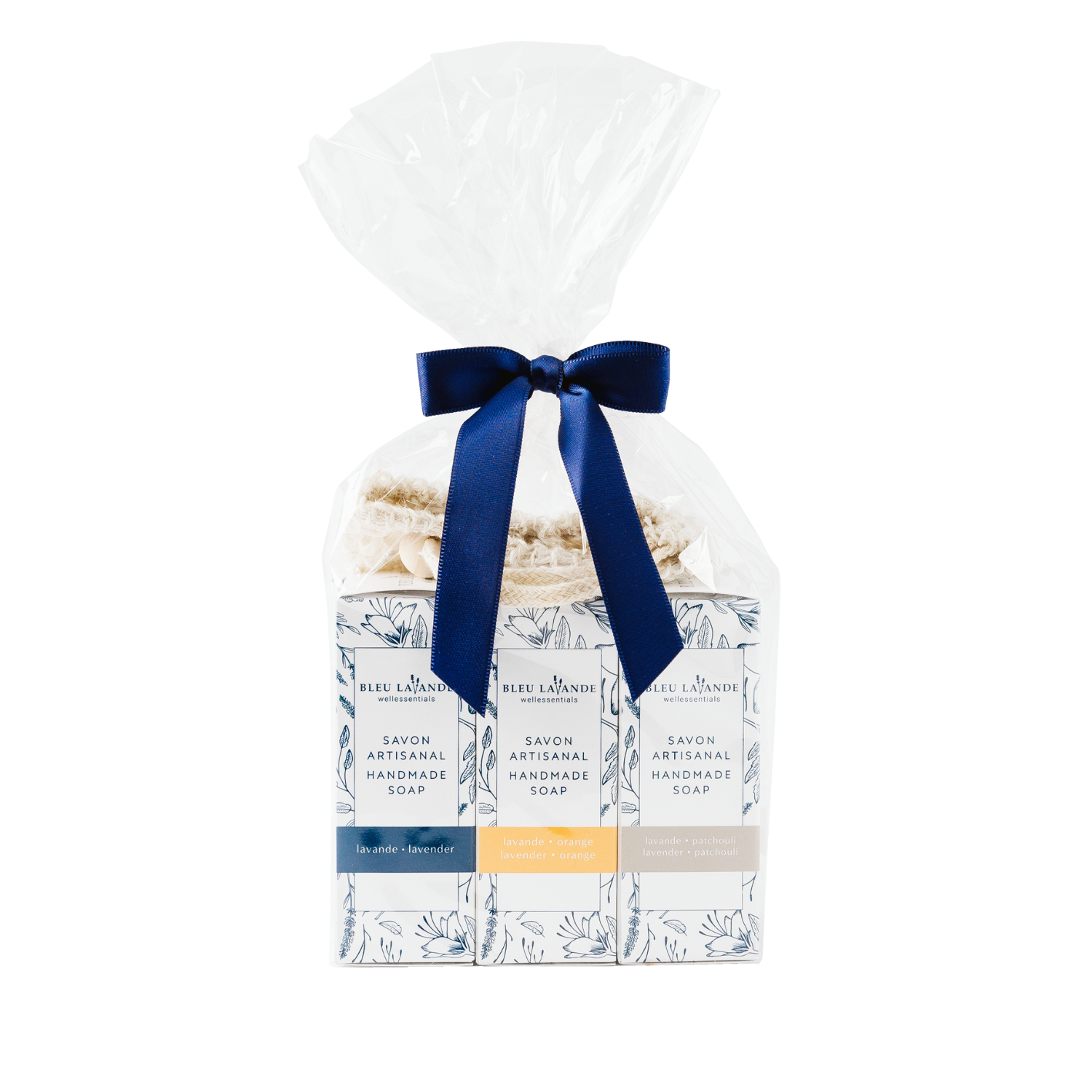 Ensemble-cadeau emballé d'un cello avec une boucle bleue avec 3 boîtes de savons artisanaux et un gant en ramie