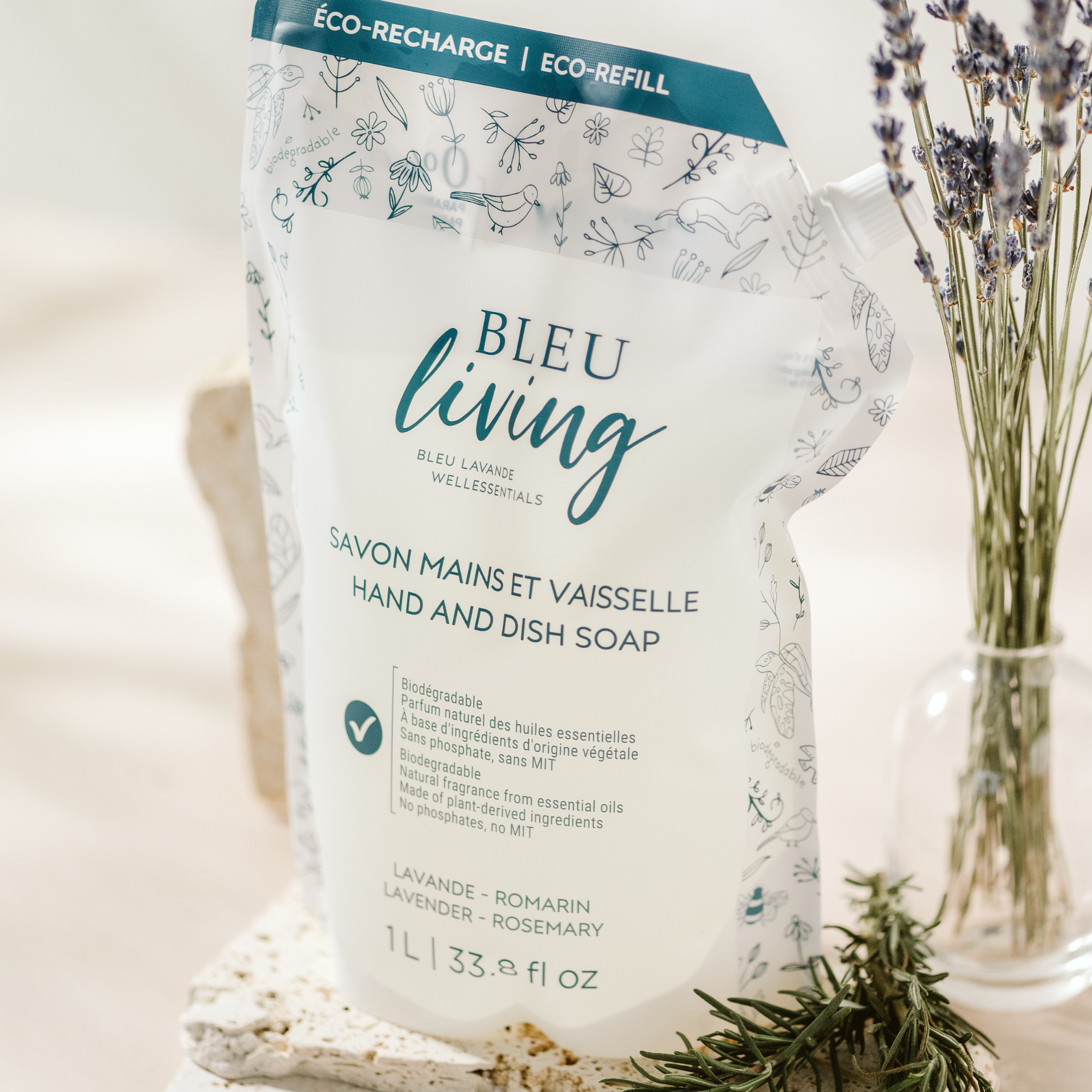 Recharge de savon mains et vaisselle lavande romarin Bleu Living de 1L