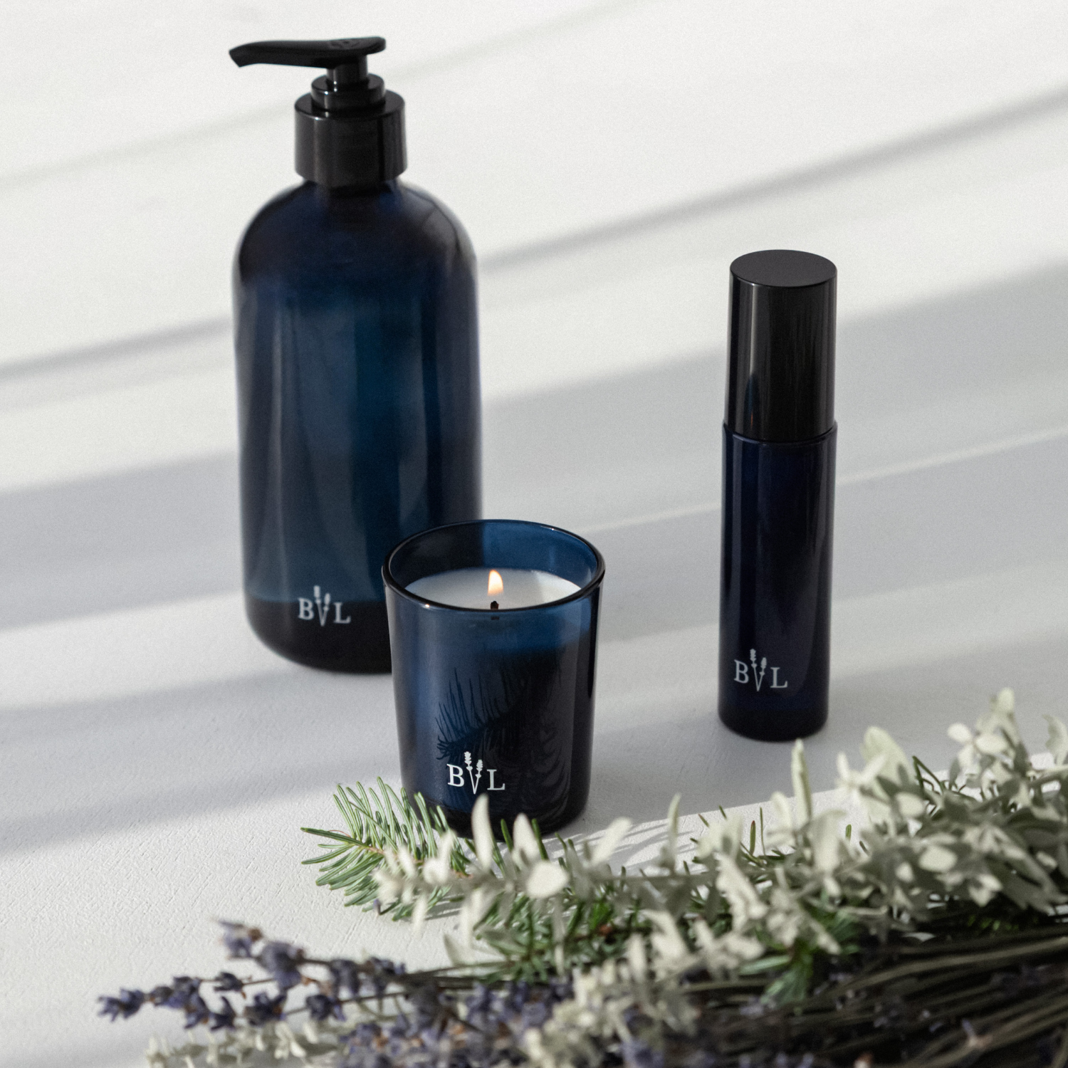 Ensemble savon à mains, parfum d'ambiance et bougie lavande, boisé, figue