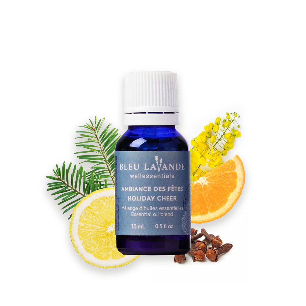 Ambiance des fêtes : huiles essentielles de sapin baumier, cassia, orange, clou de girofle, citron et épinette