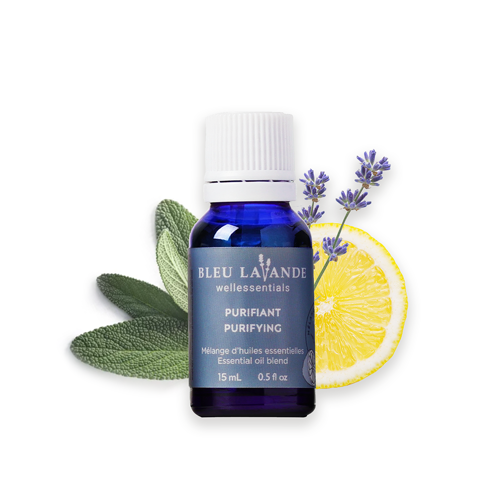 Purifiant : Huiles essentielles de lavande, sauge, citron.