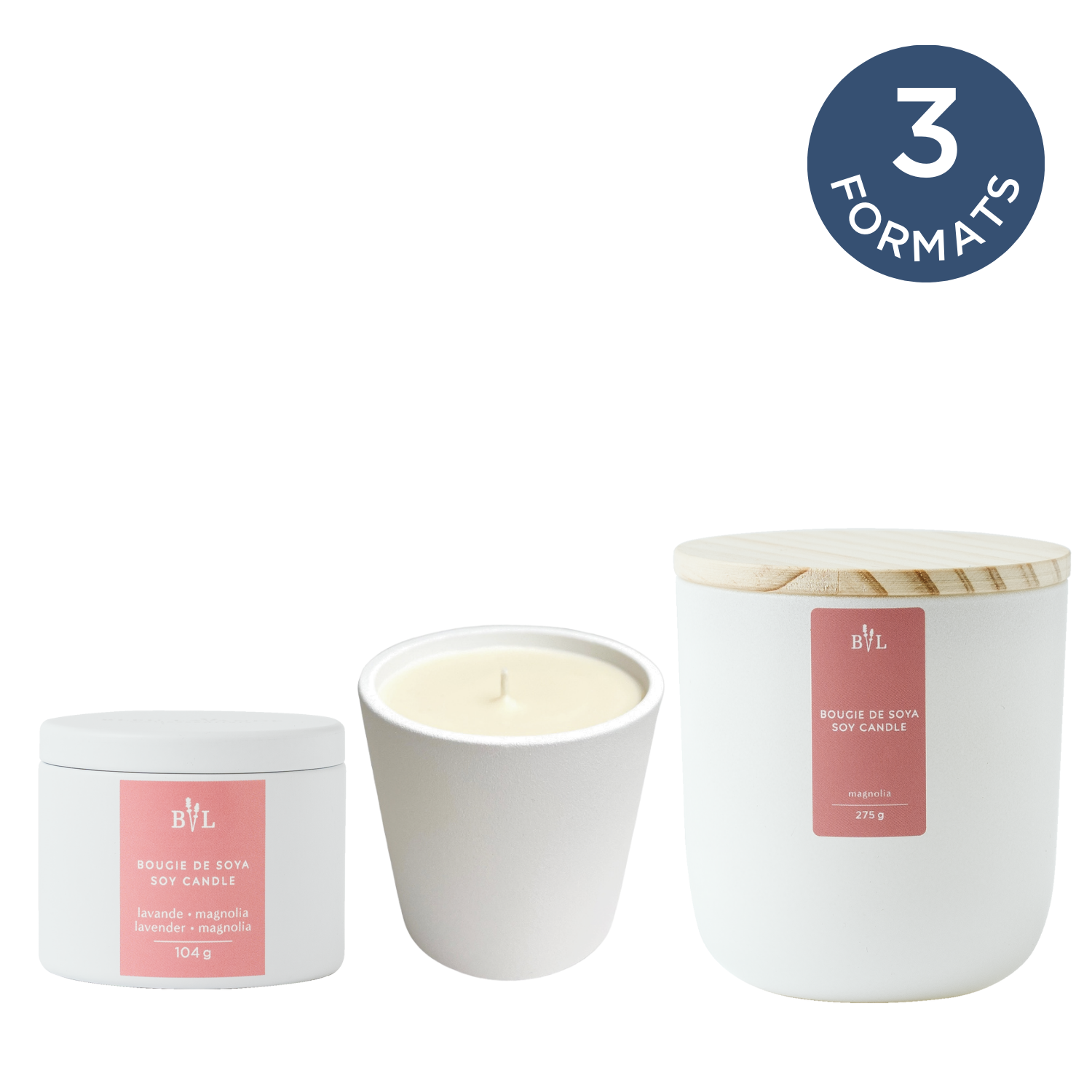 Bougie de soya lavande-magnolia en 3 formats