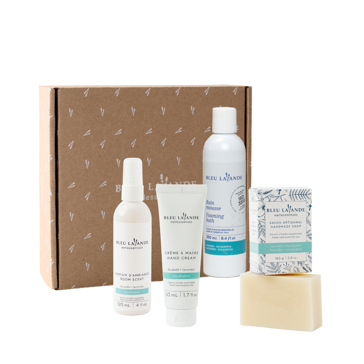 Coffret de produits bain et maison lavande-eucalyptus sans fragrances artificielles