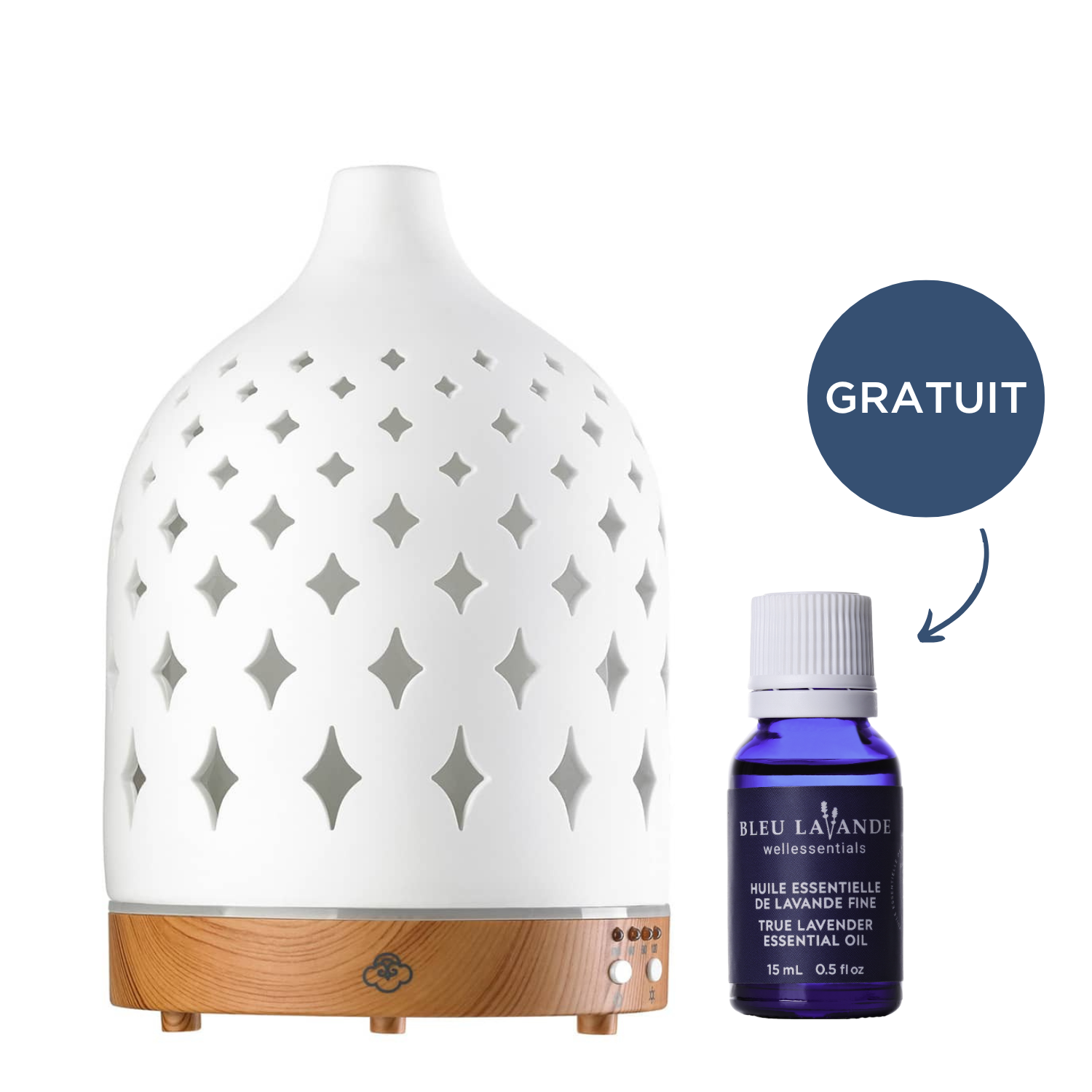 Diffuseur d'huiles essentielles Supernova avec huile essentielle de lavande fine gratuite sur un fond blanc