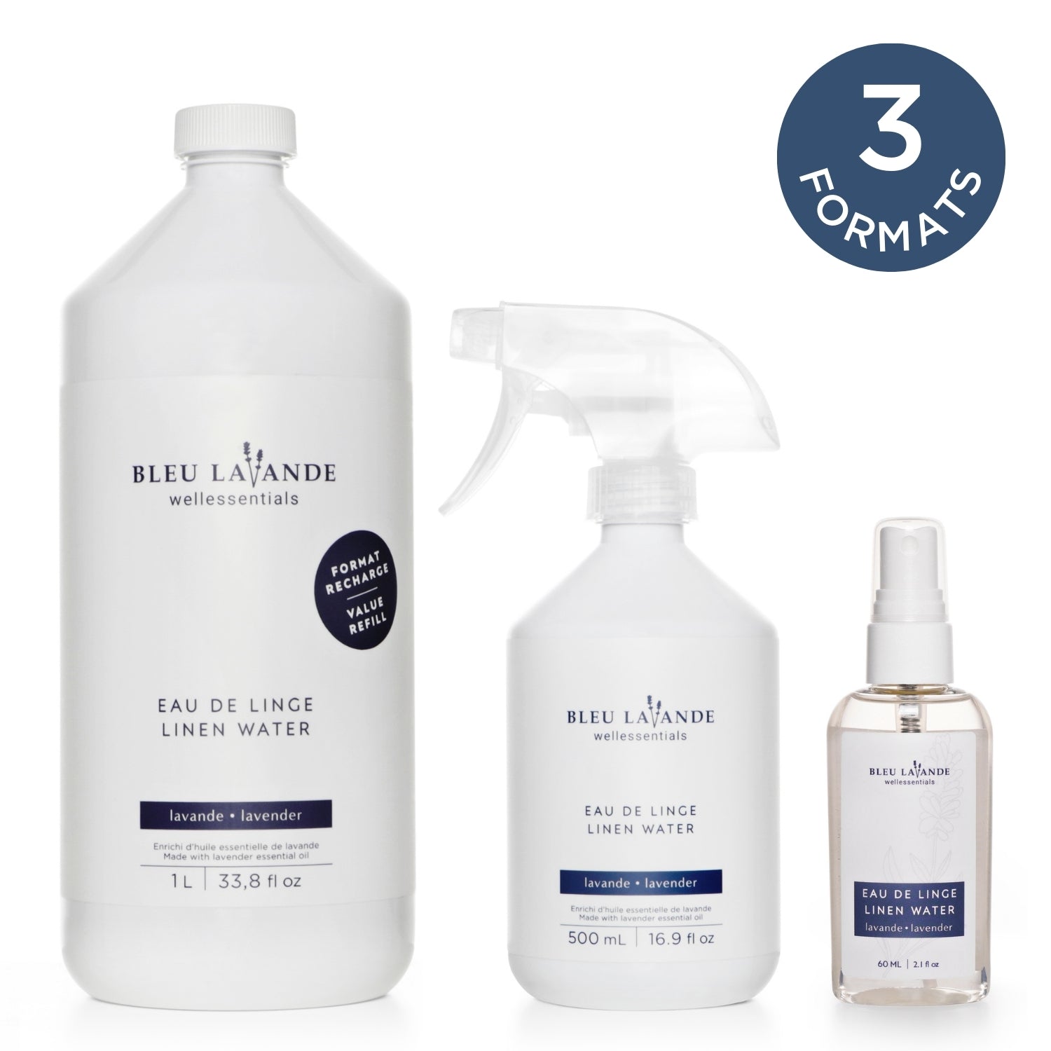Eau de linge lavande en 3 formats