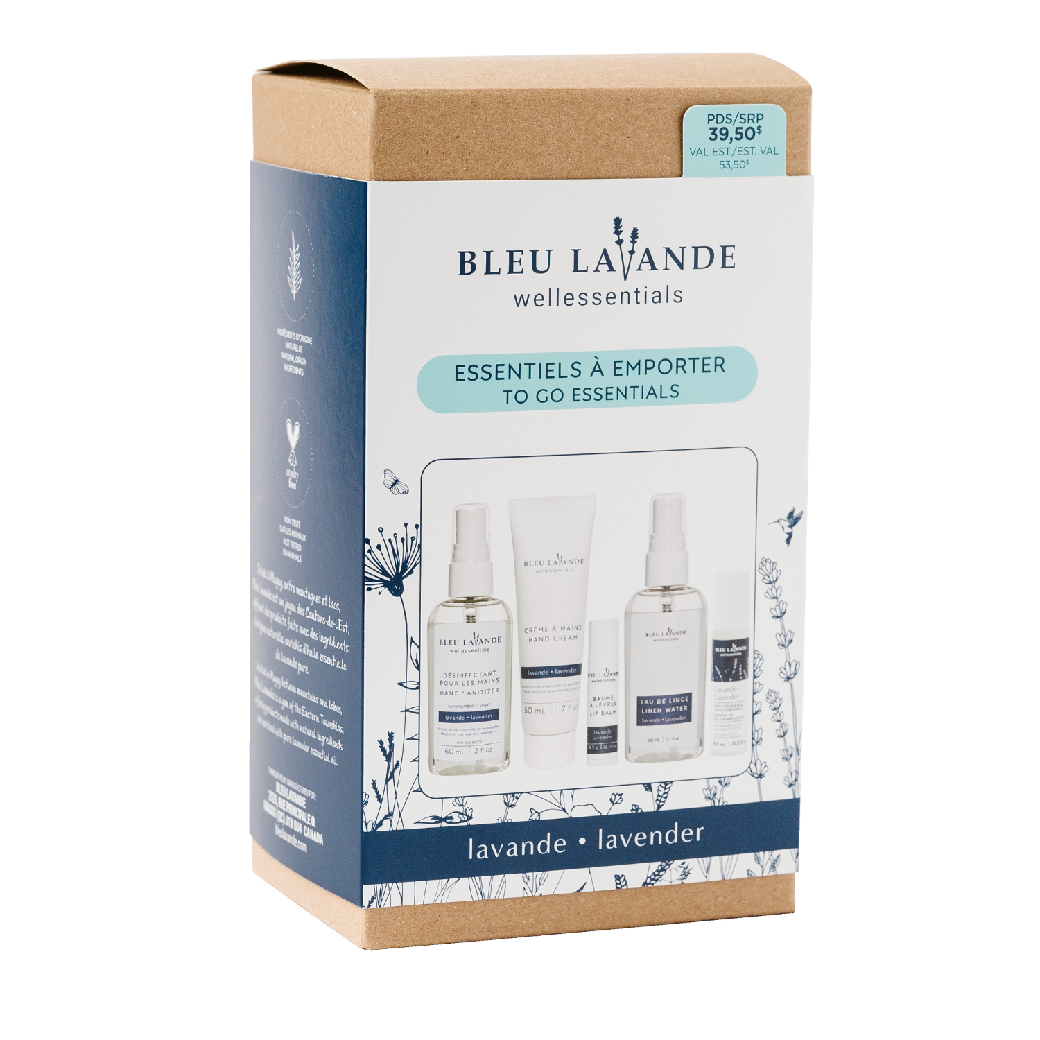 Ensemble-cadeau les essentiels à emporter : applicateur à bille, désinfectant à mains, crème à mains, eau de linge et soin des lèvres lavande