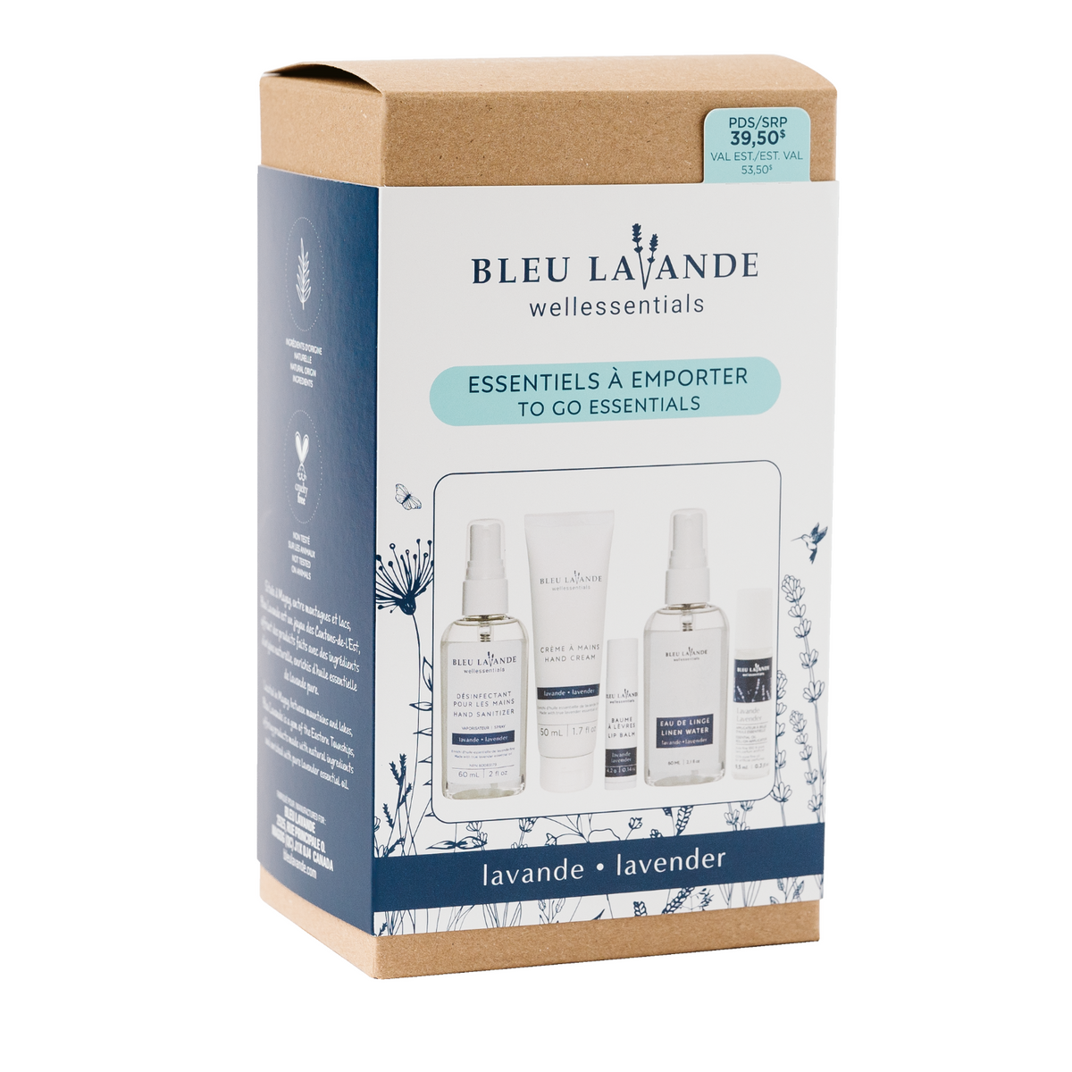 Ensemble-cadeau les essentiels à emporter : applicateur à bille, désinfectant à mains, crème à mains, eau de linge et soin des lèvres lavande