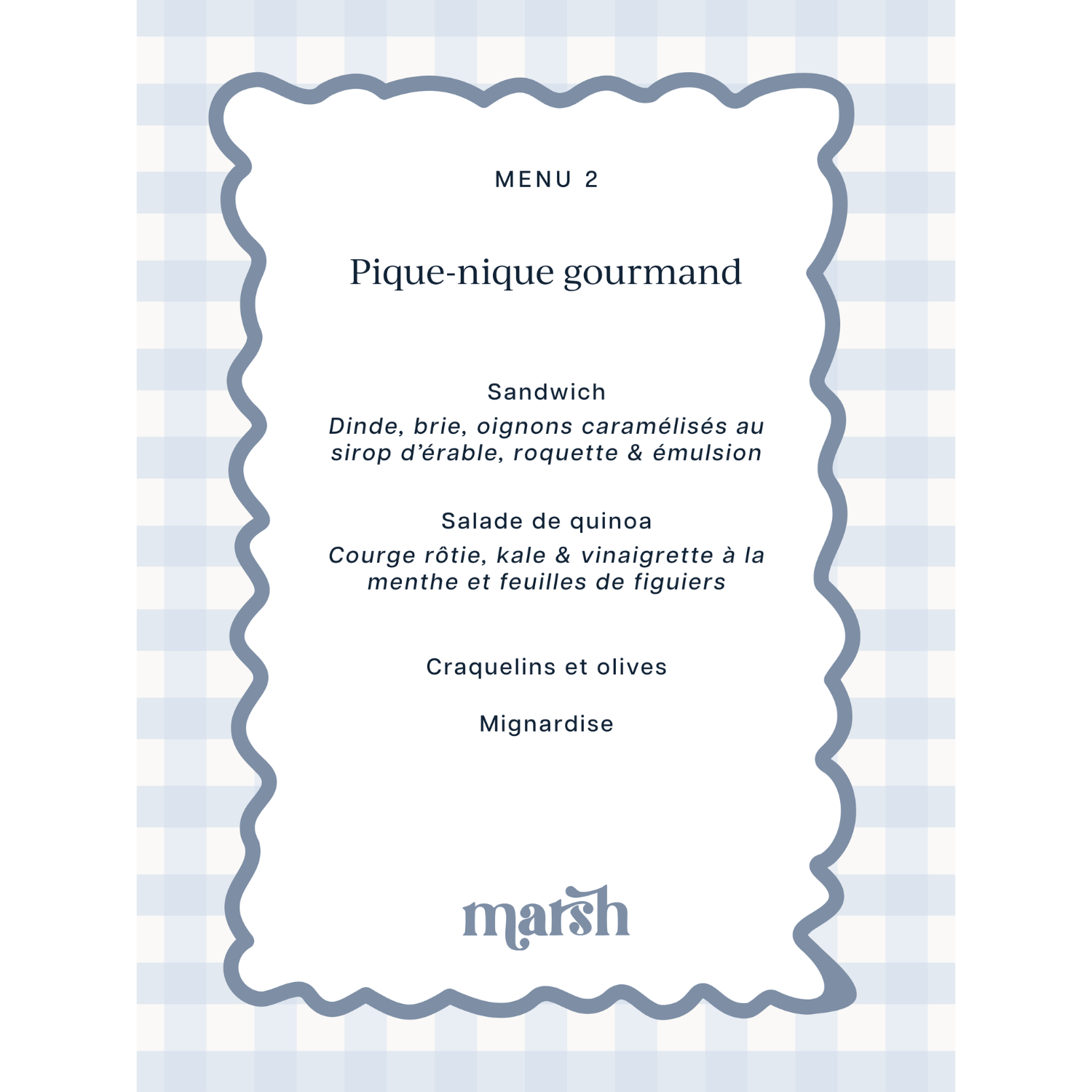 Événement boîte à lunch : Menu 1 - Pique-nique gourmand
