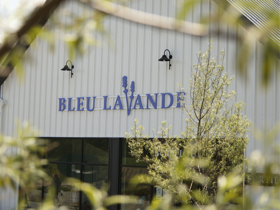 Bâtiment de la boutique Bleu Lavande à Magog, dans les Cantons-de-l'Est devant le champ de lavande