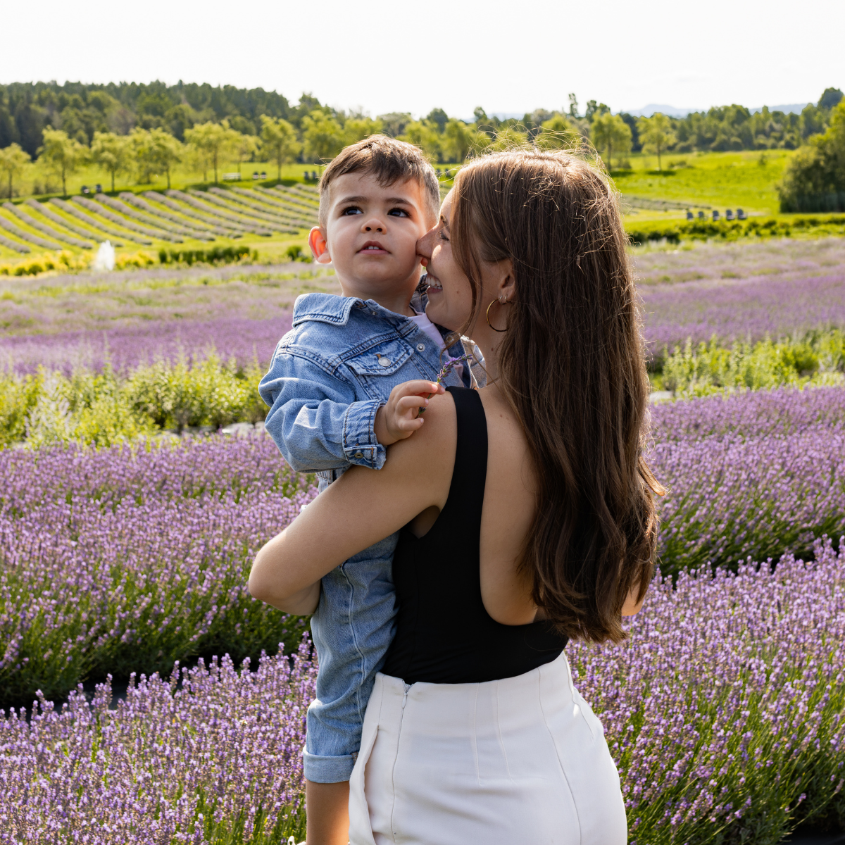 Maman et enfant dans les champs de lavande en fleurs durant une séance photo