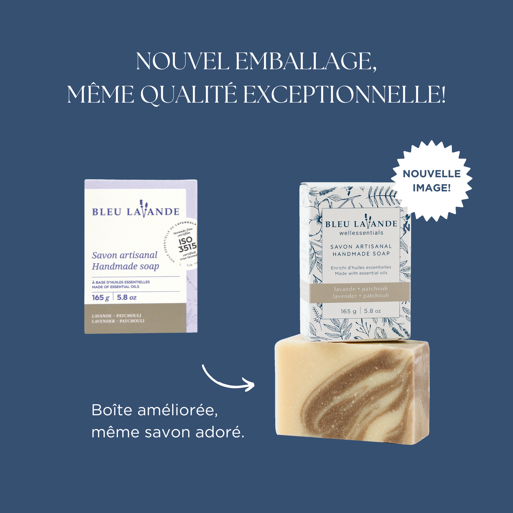 Nouvel emballage du savon artisanal lavande-patchouli de Bleu Lavande