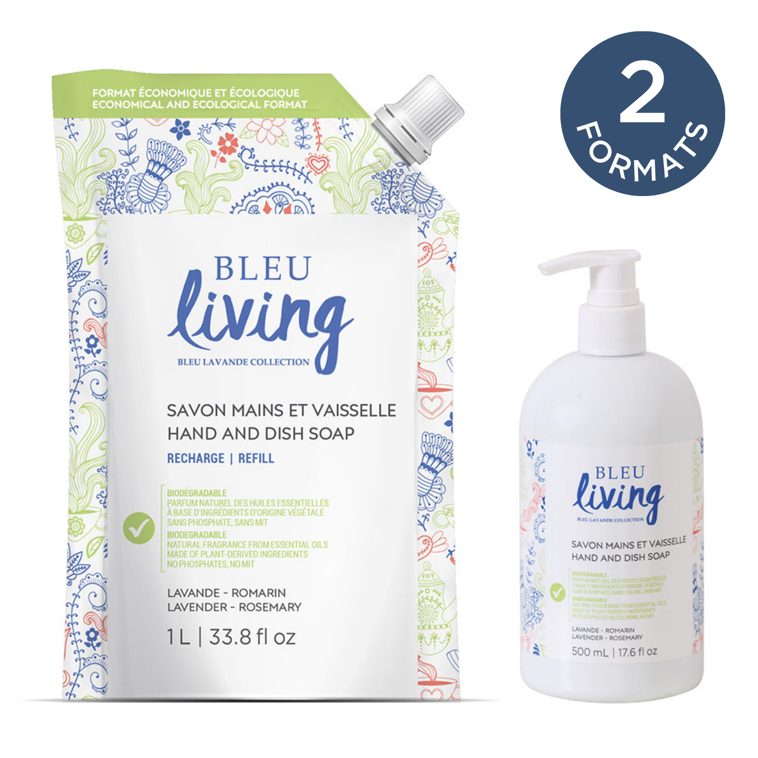 Les savons mains et vaisselle lavande romarin Bleu Living 500 ml et 1L